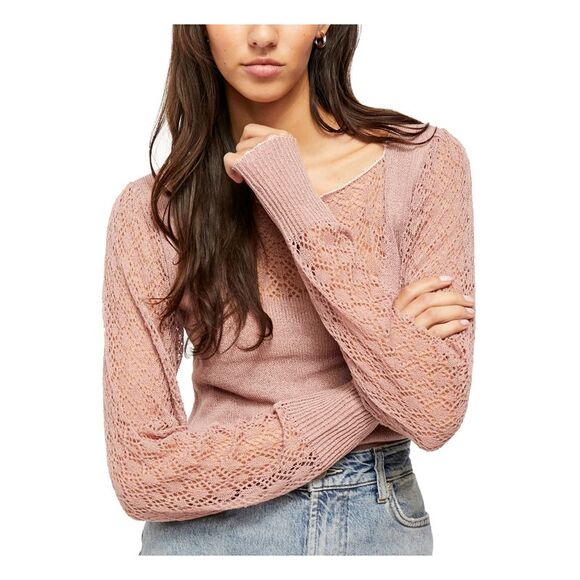 FREE PEOPLE Tops - FREE PEOPLE Womens Pink Lace Cut Out Long Sleeve Boat Neck Top S
